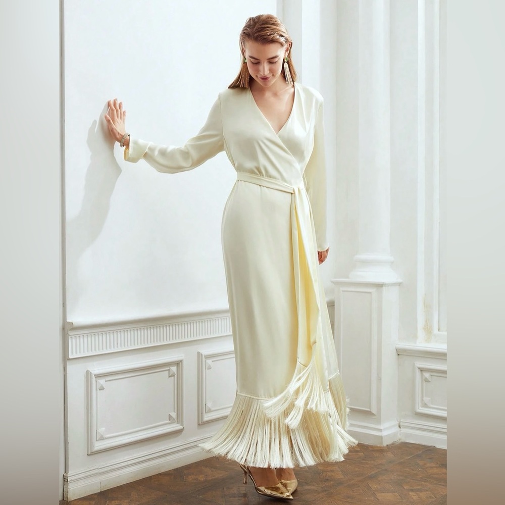 MOTF | NWT Belted Satin Fringe-Hem Dress - Picture 4 of 10